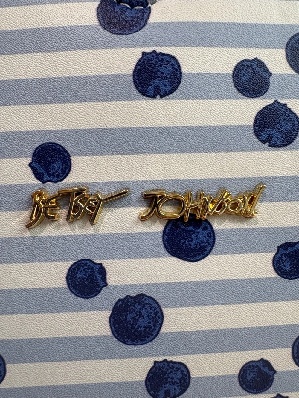 Betsey Johnson Striped Navy Blueberry Dot Tote Bag with Berry Pom Pom Charm